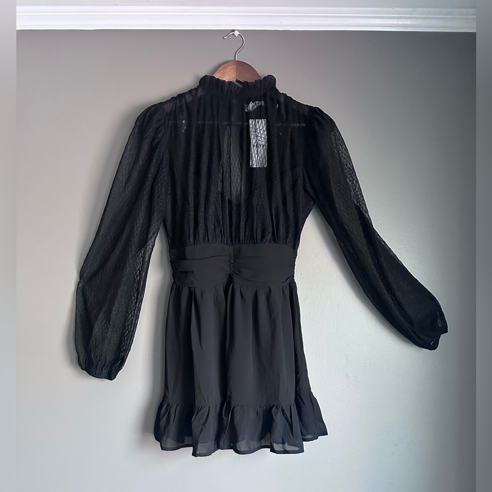 Privy Black Sheer-Sleeve Ruffle Hem Mini Dress Size Small